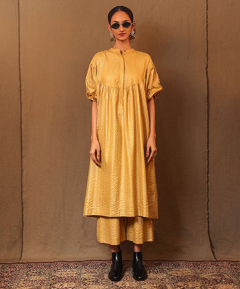 Yellow printed cotton long kurta