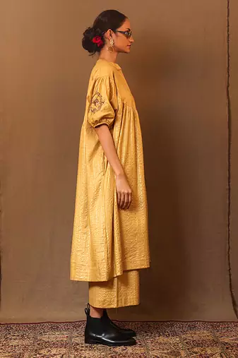 Yellow printed cotton long kurta