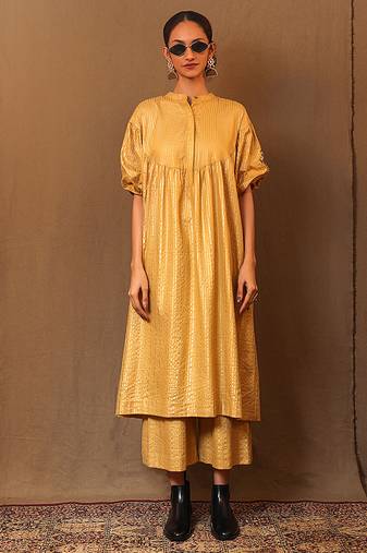 Yellow printed cotton kurta set