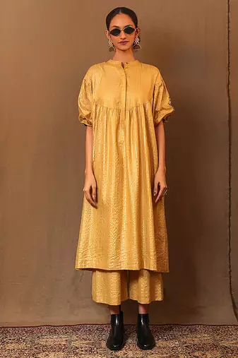 Yellow printed cotton kurta set