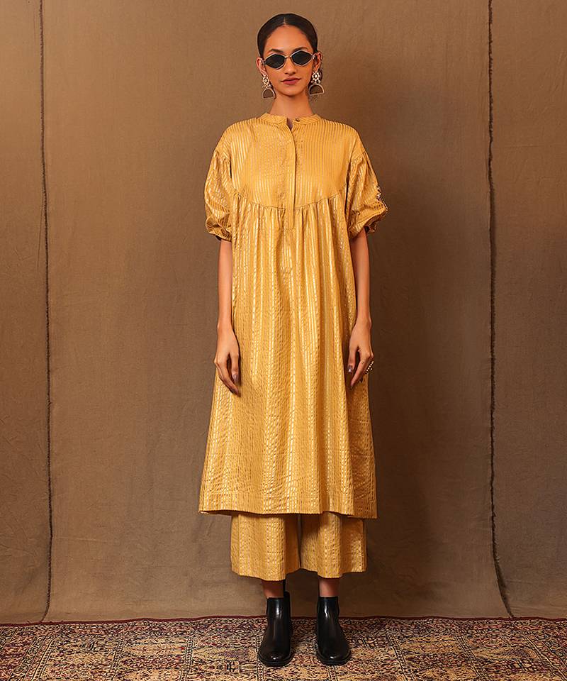 Yellow printed cotton kurta set