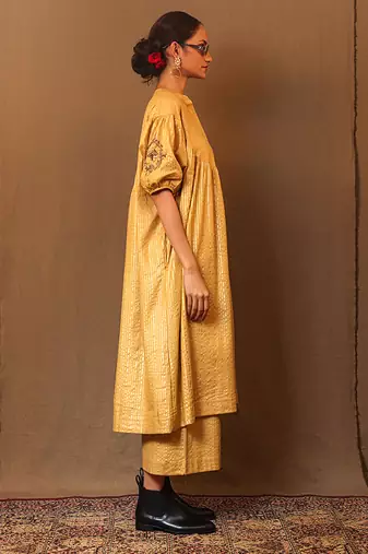 Yellow printed cotton kurta set