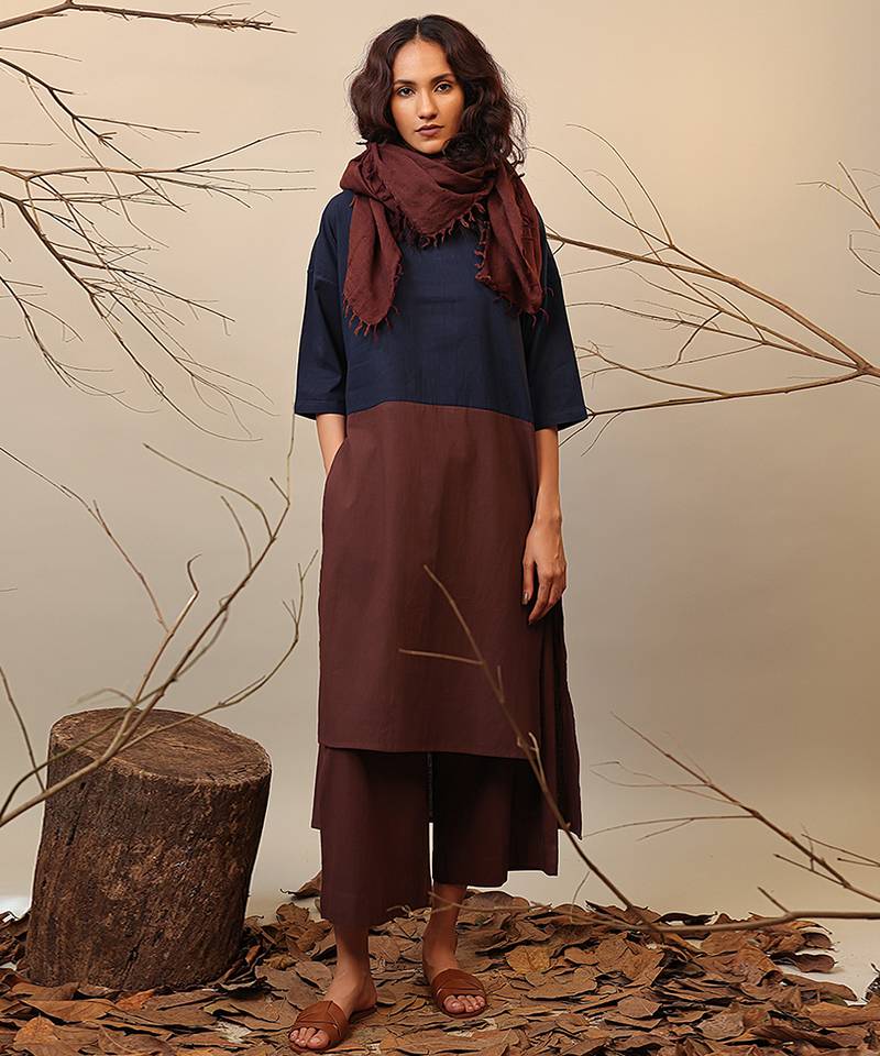 Blue and Brown cotton kurta set