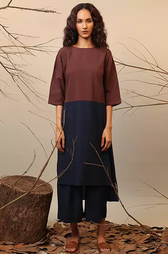 Brown and Blue cotton kurta set