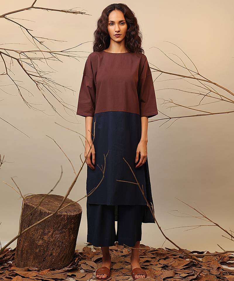 Brown and Blue cotton kurta set
