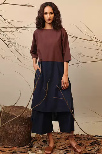 Brown and Blue cotton kurta set