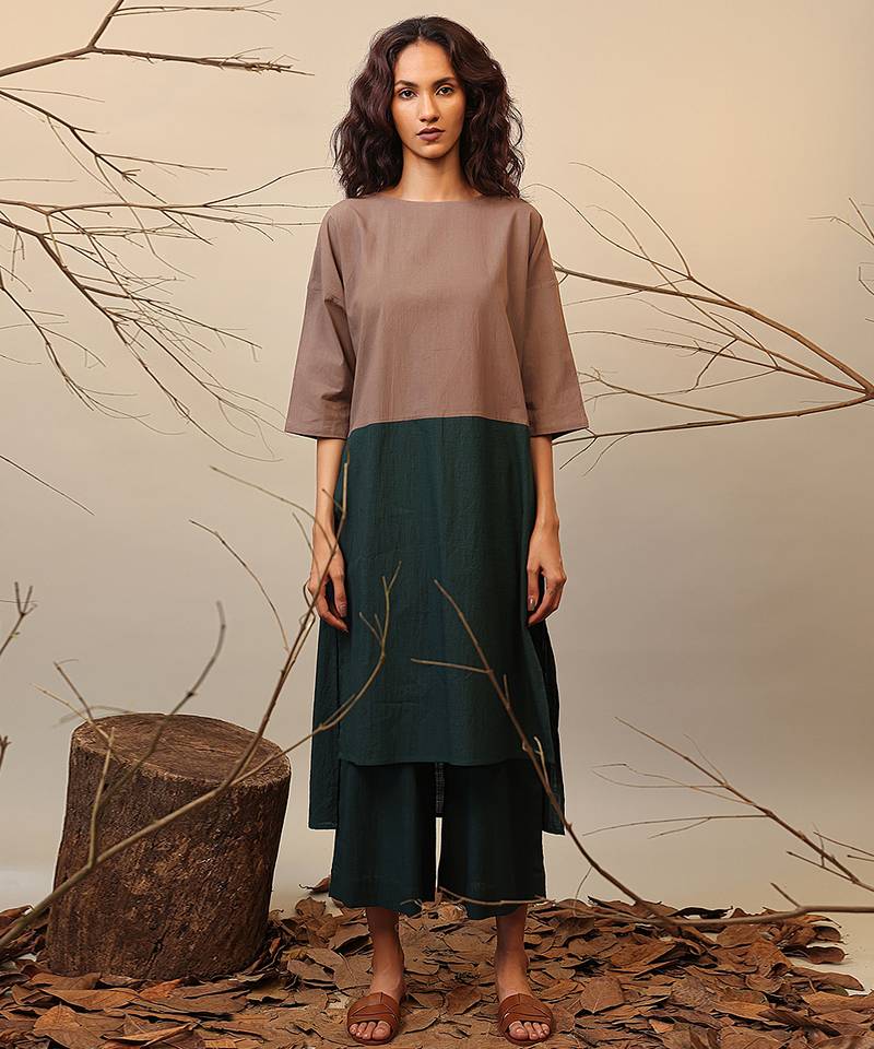 Brown and Green cotton kurta set