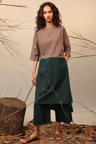 Brown and Green cotton kurta set