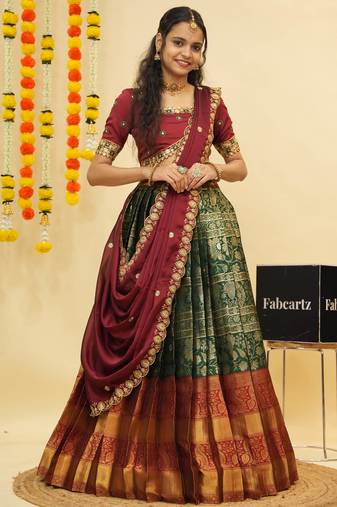 South Indian Style Semi Stitched Lehenga Choli with Embroidery Blouse and Dupatta for Women