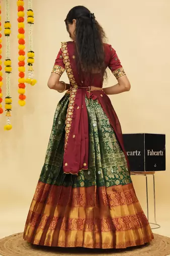 South Indian Style Semi Stitched Lehenga Choli with Embroidery Blouse and Dupatta for Women