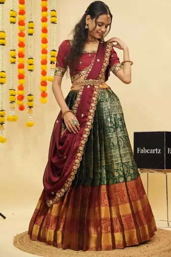 South Indian Style Semi Stitched Lehenga Choli with Embroidery Blouse and Dupatta for Women