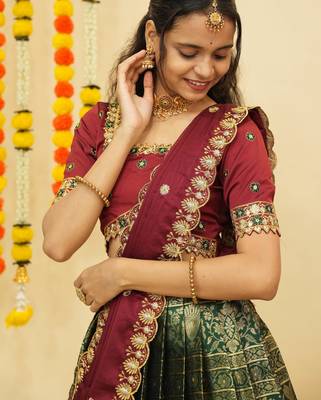 South Indian Style Semi Stitched Lehenga Choli with Embroidery Blouse and Dupatta for Women 4