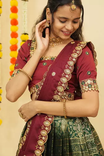 South Indian Style Semi Stitched Lehenga Choli with Embroidery Blouse and Dupatta for Women