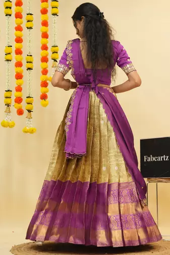 South Indian Style Semi Stitched Lehenga Choli with Embroidery Blouse and Dupatta for Women