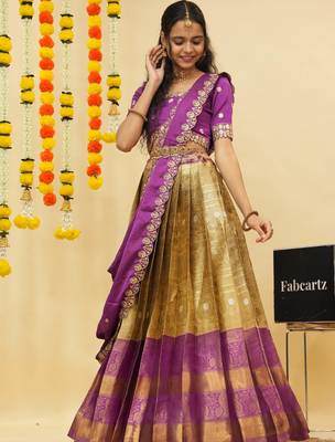 South Indian Style Semi Stitched Lehenga Choli with Embroidery Blouse and Dupatta for Women 3