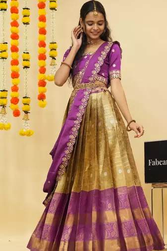 South Indian Style Semi Stitched Lehenga Choli with Embroidery Blouse and Dupatta for Women