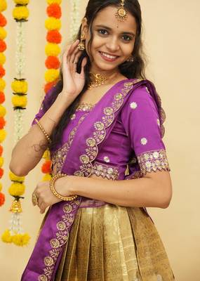South Indian Style Semi Stitched Lehenga Choli with Embroidery Blouse and Dupatta for Women 4