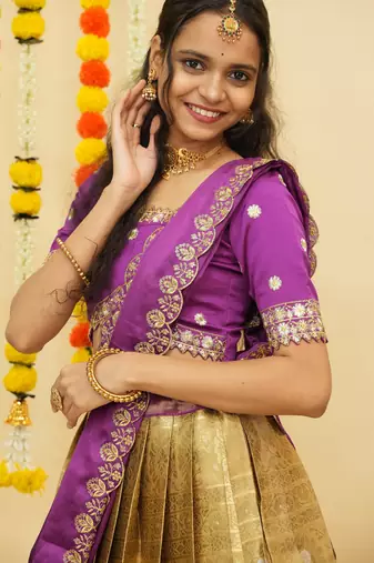 South Indian Style Semi Stitched Lehenga Choli with Embroidery Blouse and Dupatta for Women