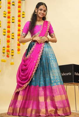 South Indian Style Semi Stitched Lehenga Choli with Embroidery Blouse and Dupatta for Women 1