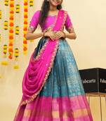 South Indian Style Semi Stitched Lehenga Choli with Embroidery Blouse and Dupatta for Women