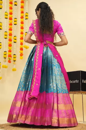 South Indian Style Semi Stitched Lehenga Choli with Embroidery Blouse and Dupatta for Women