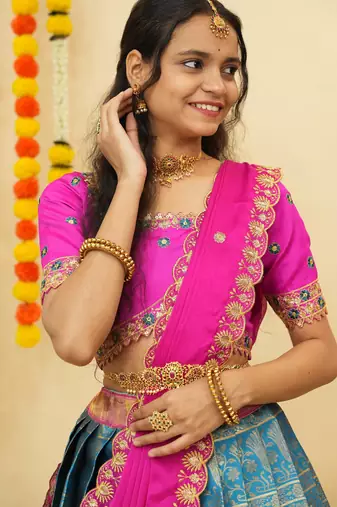 South Indian Style Semi Stitched Lehenga Choli with Embroidery Blouse and Dupatta for Women