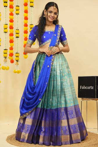 South Indian Style Semi Stitched Lehenga Choli with Embroidery Blouse and Dupatta for Women
