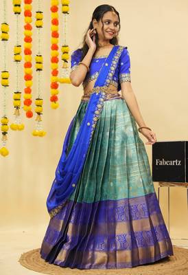 South Indian Style Semi Stitched Lehenga Choli with Embroidery Blouse and Dupatta for Women 3