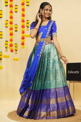 South Indian Style Semi Stitched Lehenga Choli with Embroidery Blouse and Dupatta for Women