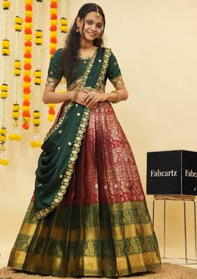South Indian Style Semi Stitched Lehenga Choli with Embroidery Blouse and Dupatta for Women 2