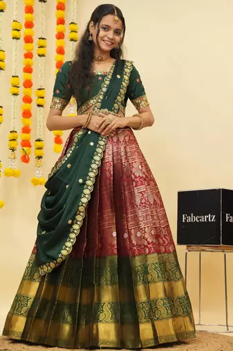 South Indian Style Semi Stitched Lehenga Choli with Embroidery Blouse and Dupatta for Women