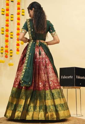 South Indian Style Semi Stitched Lehenga Choli with Embroidery Blouse and Dupatta for Women 3