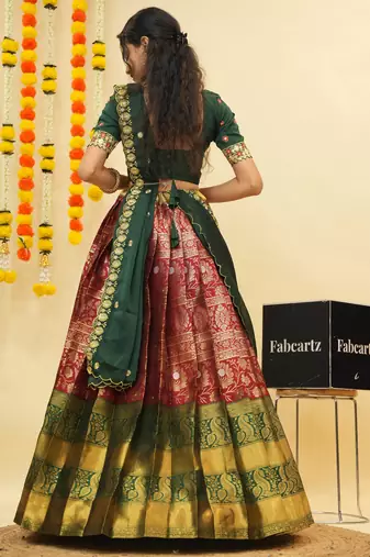 South Indian Style Semi Stitched Lehenga Choli with Embroidery Blouse and Dupatta for Women