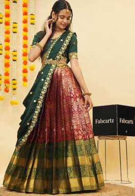 South Indian Style Semi Stitched Lehenga Choli with Embroidery Blouse and Dupatta for Women 4