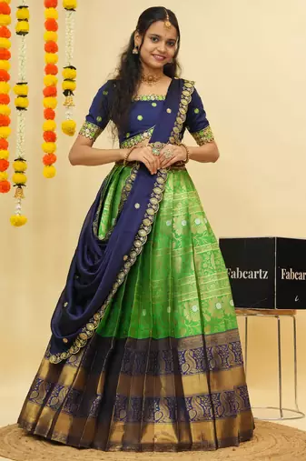 South Indian Style Semi Stitched Lehenga Choli with Embroidery Blouse and Dupatta for Women