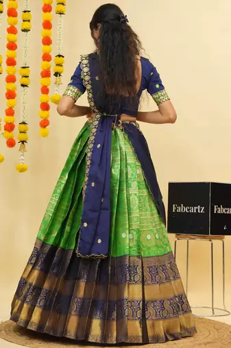 South Indian Style Semi Stitched Lehenga Choli with Embroidery Blouse and Dupatta for Women
