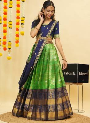 South Indian Style Semi Stitched Lehenga Choli with Embroidery Blouse and Dupatta for Women 3
