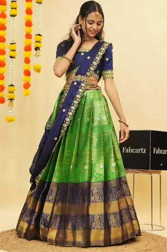 South Indian Style Semi Stitched Lehenga Choli with Embroidery Blouse and Dupatta for Women