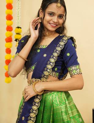 South Indian Style Semi Stitched Lehenga Choli with Embroidery Blouse and Dupatta for Women 4