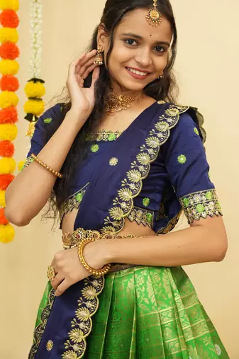 South Indian Style Semi Stitched Lehenga Choli with Embroidery Blouse and Dupatta for Women