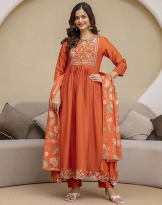 Orange Art Silk Hand Work Embroidery Anarkali Kurta Pant with Dupatta 1