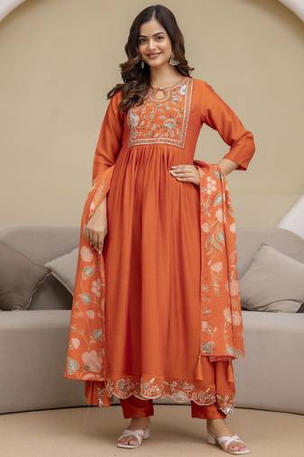 Orange Art Silk Hand Work Embroidery Anarkali Kurta Pant with Dupatta