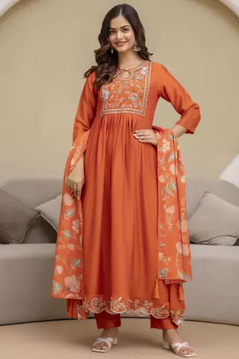 Orange Art Silk Hand Work Embroidery Anarkali Kurta Pant with Dupatta