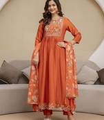 Orange Art Silk Hand Work Embroidery Anarkali Kurta Pant with Dupatta