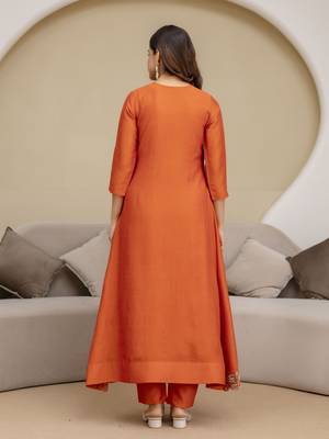Orange Art Silk Hand Work Embroidery Anarkali Kurta Pant with Dupatta 2