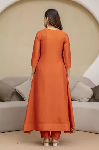 Trendmalls Orange Art Silk Hand Work Embroidery Anarkali Kurta Pant with Dupatta