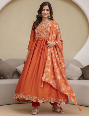 Orange Art Silk Hand Work Embroidery Anarkali Kurta Pant with Dupatta 3