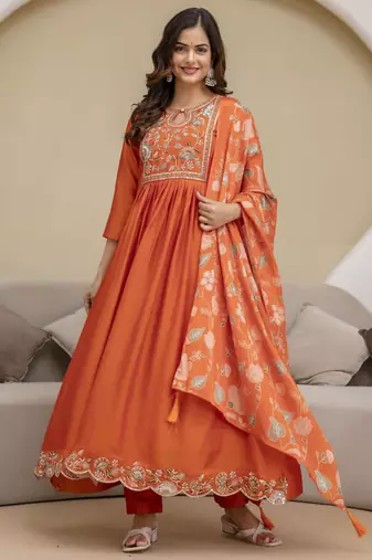 Trendmalls Orange Art Silk Hand Work Embroidery Anarkali Kurta Pant with Dupatta