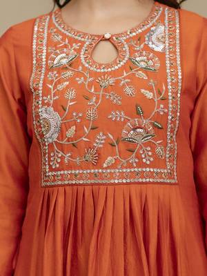 Orange Art Silk Hand Work Embroidery Anarkali Kurta Pant with Dupatta 4