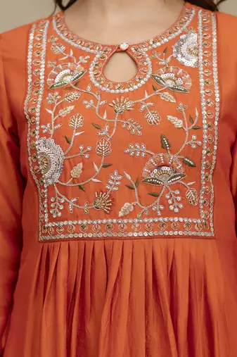 Trendmalls Orange Art Silk Hand Work Embroidery Anarkali Kurta Pant with Dupatta